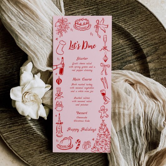 Roze Doodle Kerstmenu Quirkyl Feestelijk Vakantiem Menu