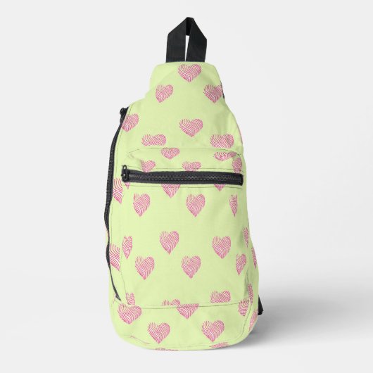 Roze doodle lines harten op groen sling bag (Voorkant)