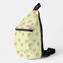 Roze doodle lines harten op groen sling bag