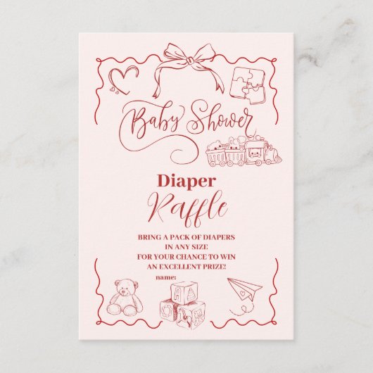 Roze Doodle Toys Bow Baby shower Diapper Raffle Informatiekaartje (Voorkant)