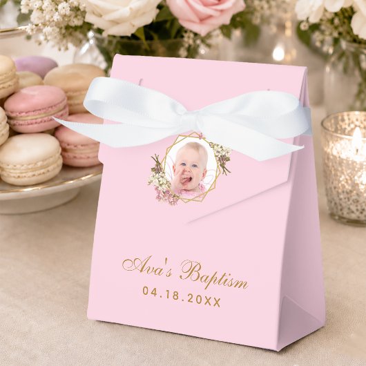 Roze Doop Meisje Foto Orchideeën Script Goud Bloem Bedankdoosjes