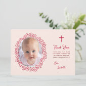 Roze Doop Meisje Foto & Rode Bloemenkrans Script Bedankkaart (Staand voorkant)