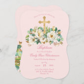 Roze doop met witte bloemen en gouden kruis kaart (Voorkant / Achterkant)