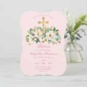 Roze doop met witte bloemen en gouden kruis kaart (Staand voorkant)