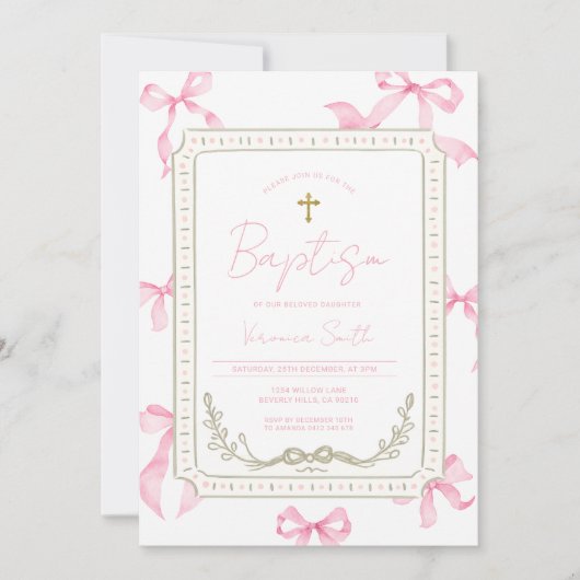 Roze Doop Uitnodiging Baby Meisje (Voorkant)