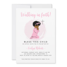 Roze Doop Uitnodiging – Biddend Zwart Baby Meisje