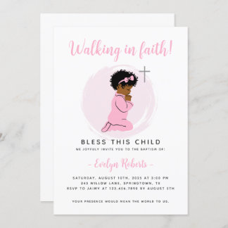 Roze Doop Uitnodiging – Biddend Zwart Baby Meisje