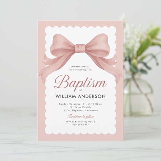 Roze Doop Uitnodiging met Elegante Boog en Klasse (Staand voorkant)