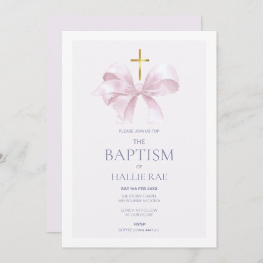 Roze Doop Uitnodiging Modern Roze Bow (Voorkant / Achterkant)