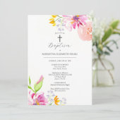 Roze Doop Uitnodigingen Godouders Naam Bloemen (Staand voorkant)