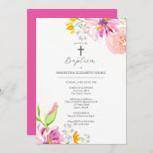 Roze Doop Uitnodigingen Godouders Naam Bloemen (Voorkant / Achterkant)