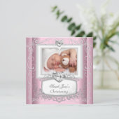 Roze doopjurk voor babymeisje met wit kruis kaart (Staand voorkant)