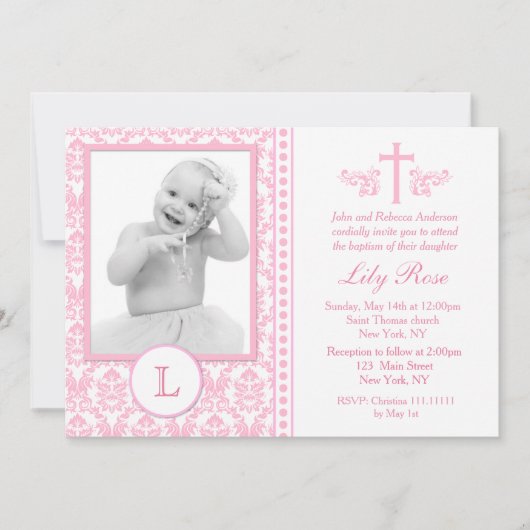 Roze doopsel foto uitnodigingen (Voorkant)