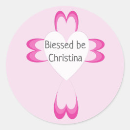 Roze doopstickers voor meisjes ronde sticker