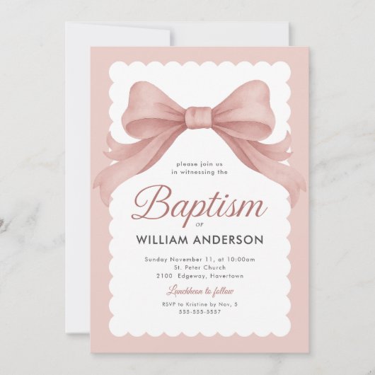 Roze doopuitnodiging met elegante strik en klasse kaart (Voorkant)