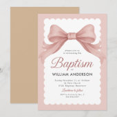 Roze doopuitnodiging met elegante strik en klasse kaart (Voorkant / Achterkant)