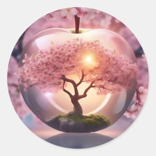 Roze Doorschijnende Apple met de Scène van de Appe Ronde Sticker (Voorkant)