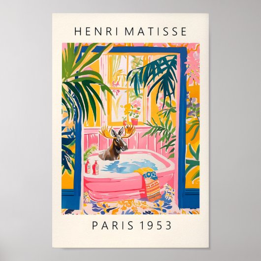 Roze dopamine decor voor badkamer, eland in bad poster (Voorkant)