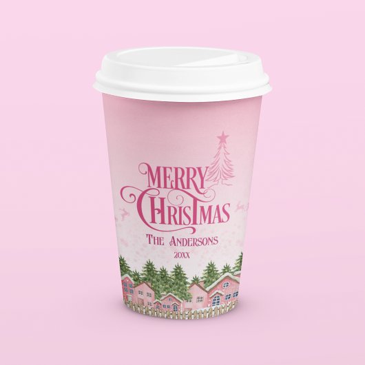 Roze Dorp Vrolijk Kerstfeest Papier Cup Papieren Bekers