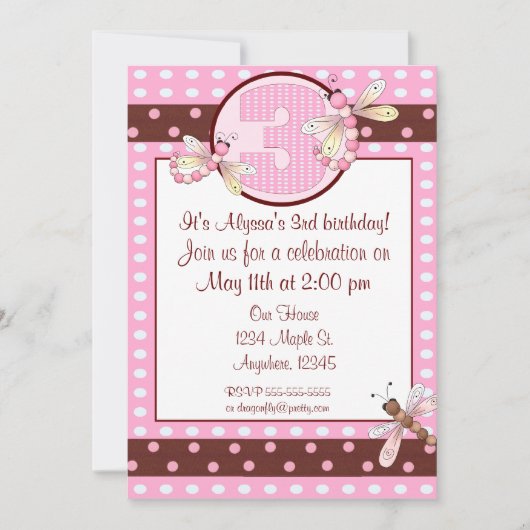 roze dot dragonfly op 3de verjaardagsfeestje , uit kaart (Voorkant)