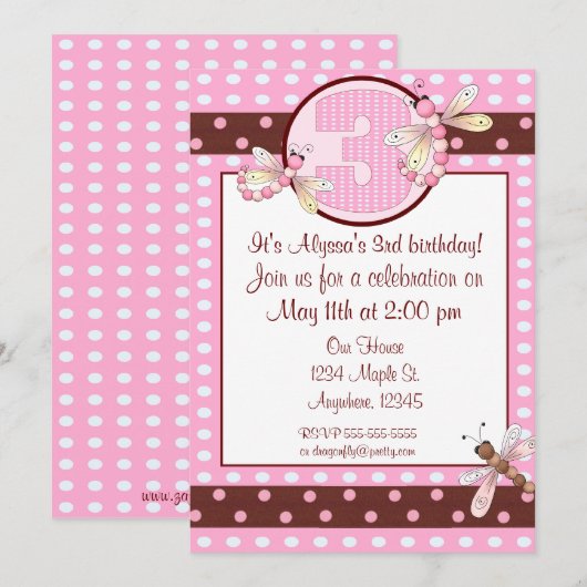 roze dot dragonfly op 3de verjaardagsfeestje , uit kaart (Voorkant / Achterkant)