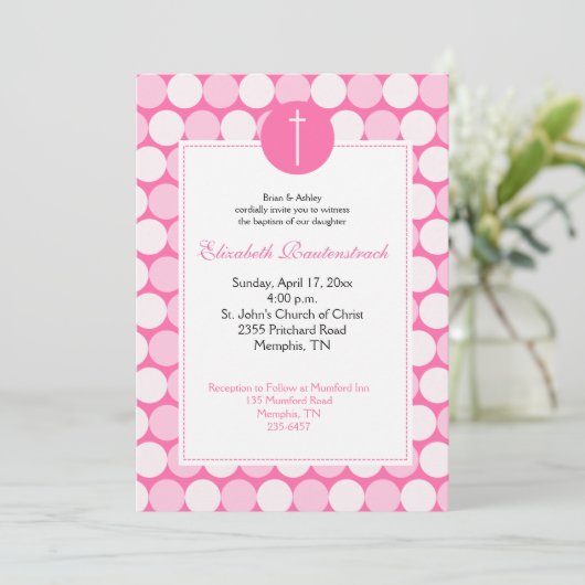 Roze Dot Modern Photo Baptisme Invitation Kaart (Staand voorkant)