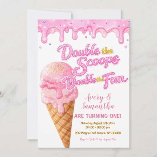 Roze Double the Scoops Verjaardags Glitter Sparkle Kaart (Voorkant)