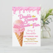 Roze Double the Scoops Verjaardags Glitter Sparkle Kaart (Staand voorkant)