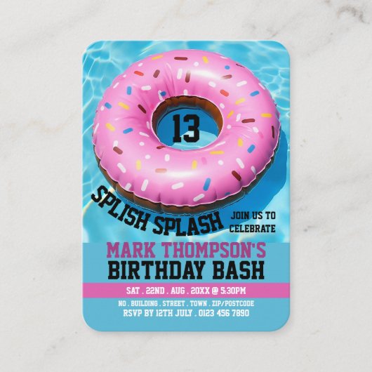 Roze Doughnut, Pool Party Verjaardag Handout Ticke Visitekaartje (Voorkant)