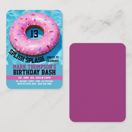 Roze Doughnut, Pool Party Verjaardag Handout Ticke Visitekaartje (Voorkant / Achterkant)