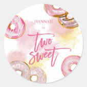 Roze Doughnut Two Sweet 2de verjaardag Ronde Sticker (Voorkant)