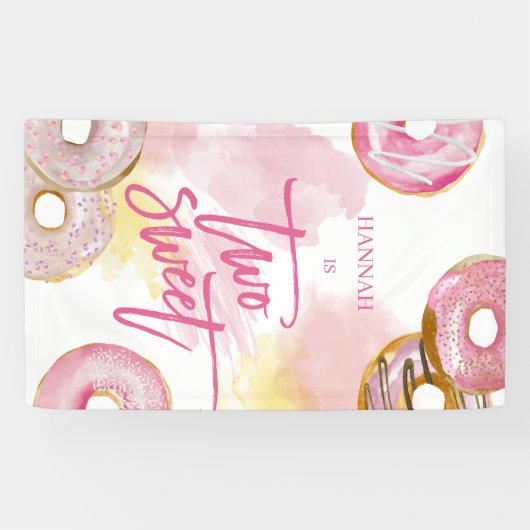 Roze Doughnut Two Sweet 2de verjaardag Spandoek (Horizontaal)