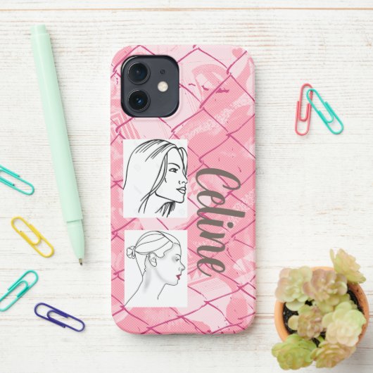 Roze draad schermende achtergrond/bewerkbare foto' iPhone hoesje (Op bureau)