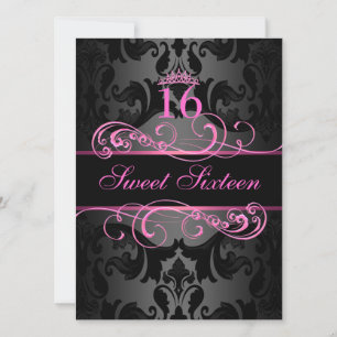 Roze Draai Damast Sweet16 Verjaardagsuitnodiging Kaart