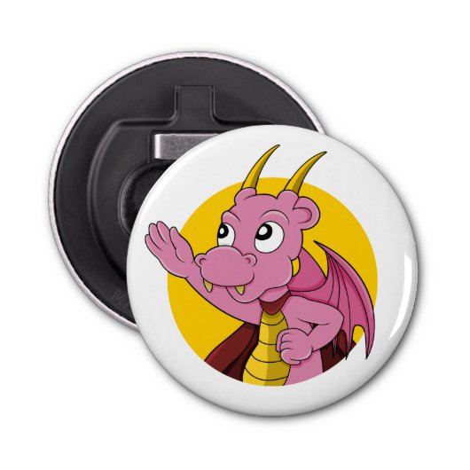 Roze draak-cartoon button flesopener (Voorkant)