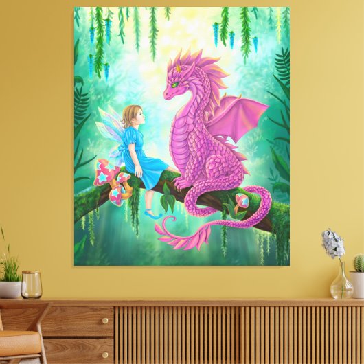 Roze draak en fee canvas afdruk (Insitu (Woonkamer))