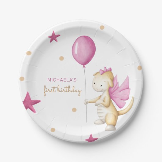 Roze Draak Meisje Verjaardagsfeestje Papieren Bordje (Voorkant)