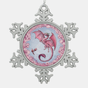 Roze draak van de Natuur van de lente Fantasy Art Tin Sneeuwvlok Ornament