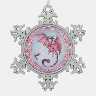 Roze draak van de Natuur van de lente Fantasy Art Tin Sneeuwvlok Ornament