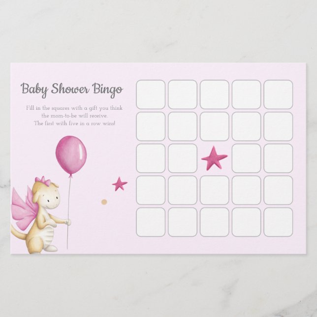 Roze dragon Girl Baby shower Bingo Game (Voorkant)