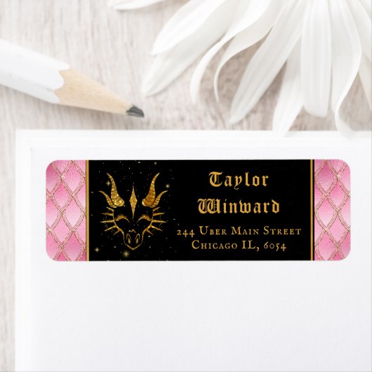 Roze Dragon Schalen Gouden Faux Glitter Etiket (Insitu)