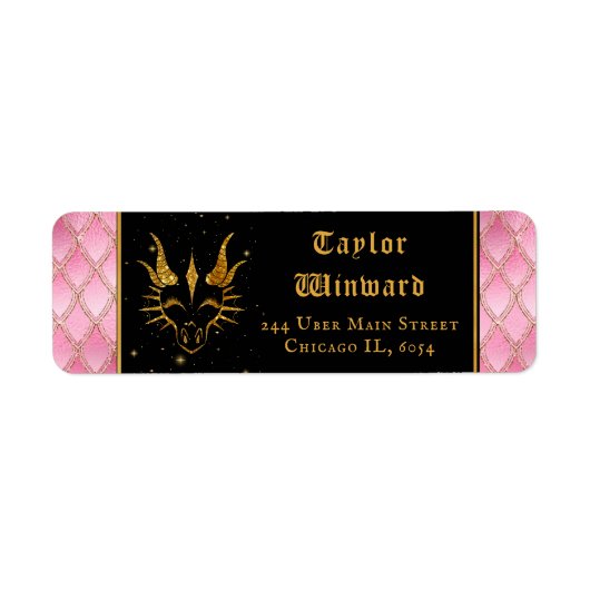 Roze Dragon Schalen Gouden Faux Glitter Etiket (Voorkant)