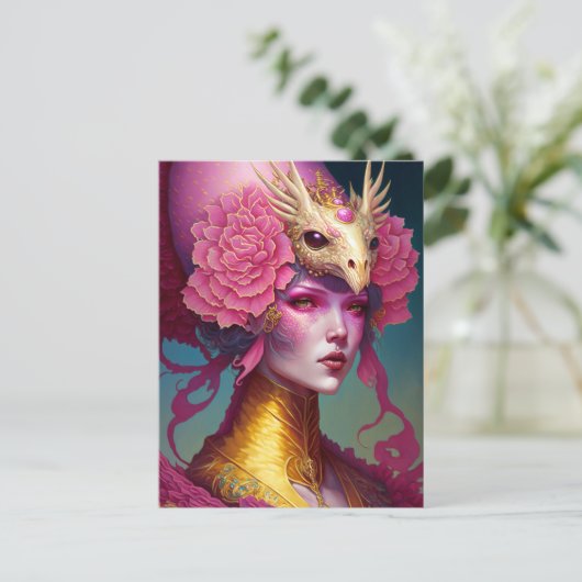 Roze dragon Skull Woman Fantasy Art Briefkaart (Staand voorkant)