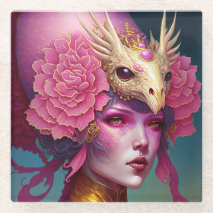 Roze dragon Skull Woman Fantasy Art Glazen Onderzetter