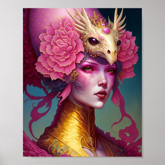 Roze dragon Skull Woman Fantasy Art Poster (Voorkant)