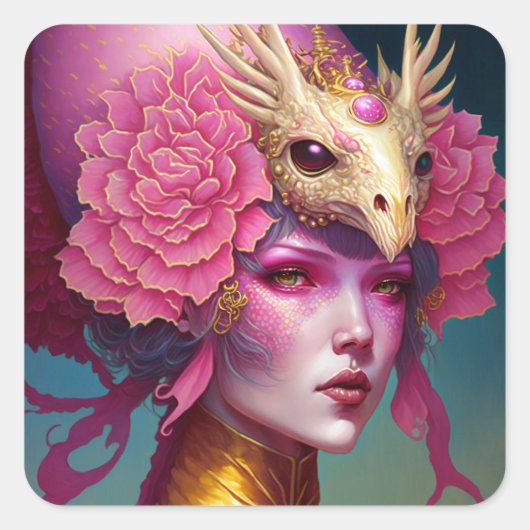 Roze dragon Skull Woman Fantasy Art Vierkante Sticker (Voorkant)