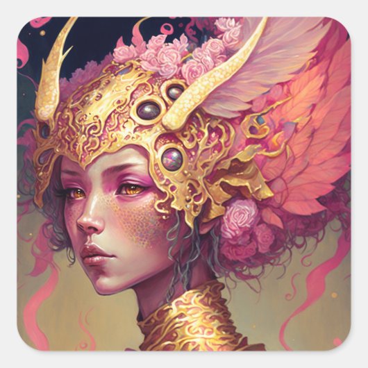 Roze dragon Woman Fantasy Art Vierkante Sticker (Voorkant)