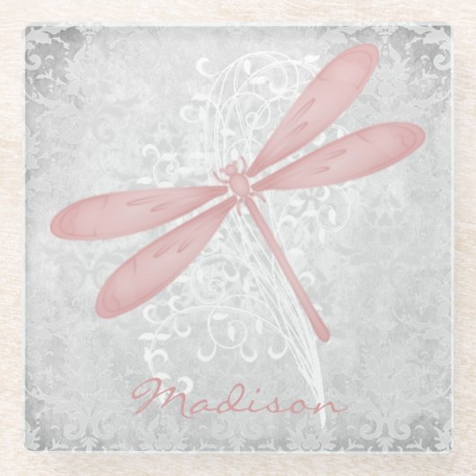 Roze Dragonfly Aangepast Onderzetter van glas Glazen Onderzetter (Voorkant)