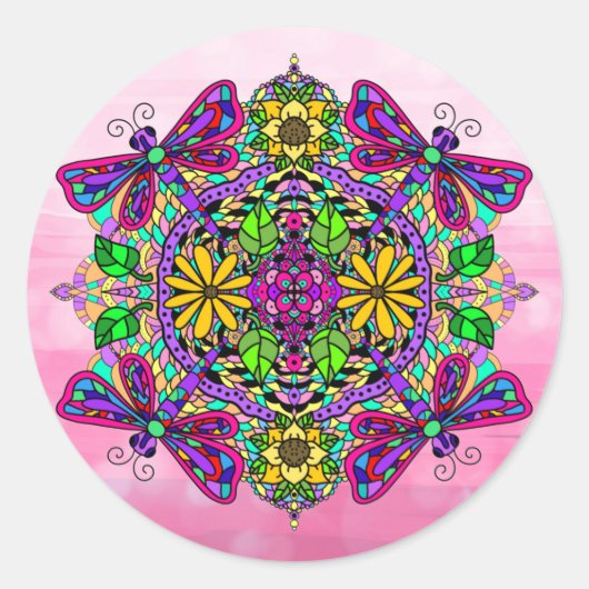 Roze Dragonfly en Flowers Mandala Hand Drawn Art Ronde Sticker (Voorkant)