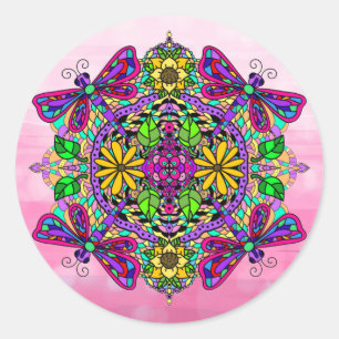 Roze Dragonfly en Flowers Mandala Hand Drawn Art Ronde Sticker